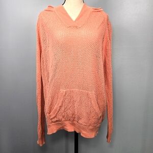 SHIRT 469 Crochet Pink Linen/Cotton Hooded Kangaroo‎ Pocket Pullover Sweater XL